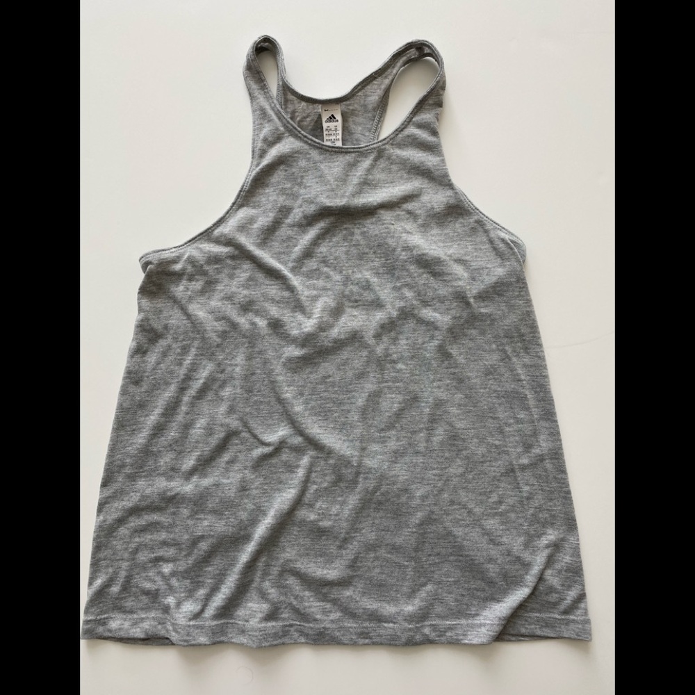 Adidas grey tank top with logo on back.